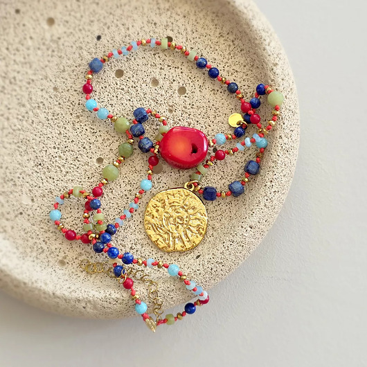 wisiory Naszyjnik na sznurku koral, jadeit, lapis lazuli, amazonit