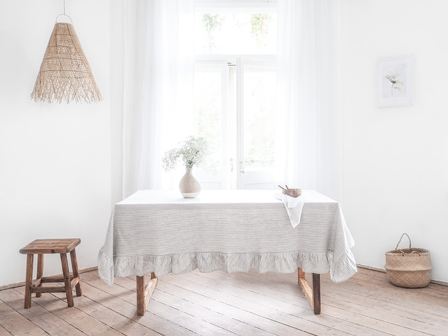 obrusy i serwetki Lniany obrus z falbanką  heavy linen GRAY STRIPES