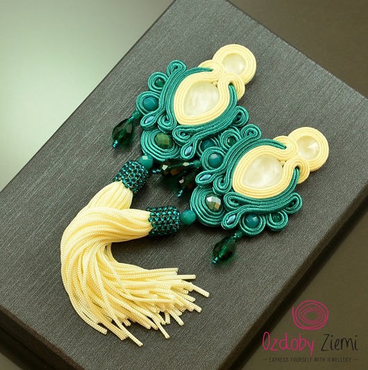 kolczyki soutache Kolczyki z chwostami Cream Teal Tassel