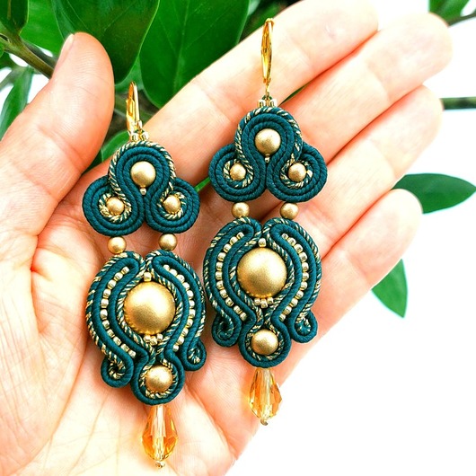 kolczyki soutache Gloria zielono złote kolczyki sutasz