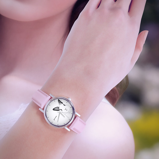 zegarki damskie Zegarek mały - Królik - skórzany, pudrowy róż