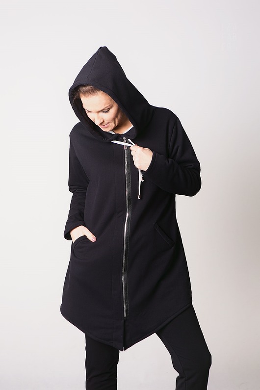 bluza z kapturem damska Bluza długa na zamek - Czarna