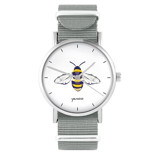 zegarki damskie Zegarek - Pszczoła - szary, nylonowy