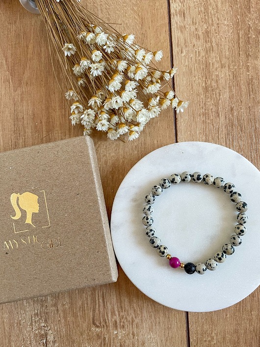 bransoletki z kamieni naturalnych Bransoletka z jaspisu dalmatyńskiego z różowym oczkiem