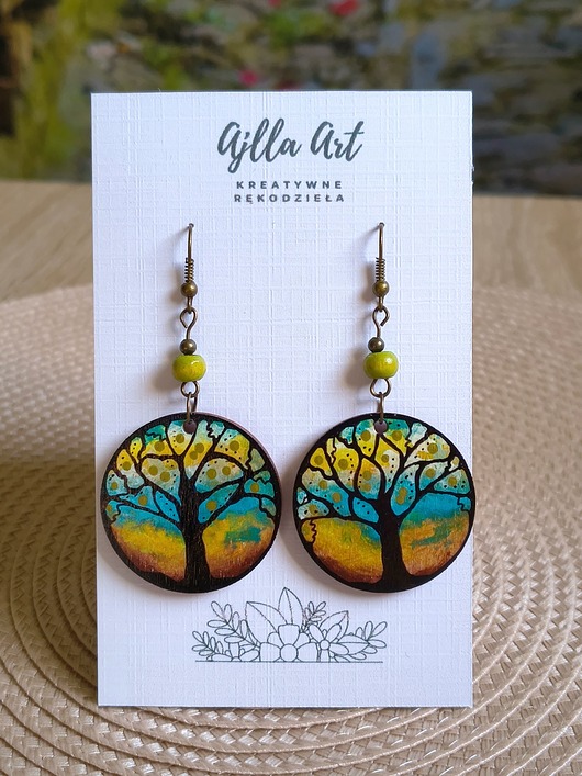 kolczyki drewniane Drzewo życia - Kolczyki ręcznie malowane