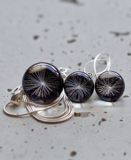 komplet biżuterii zestaw-dmuchawce w żywicy 1