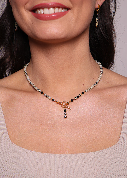 naszyjniki - inne Naszyjnik jaspis dalmatyński i czarny turmalin toggle z zawieszką