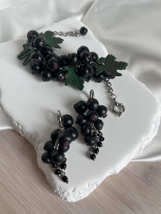 komplet biżuterii Komplet Biżuterii Czarna Porzeczka - Bransoletka i Kolczyki, Letni Styl