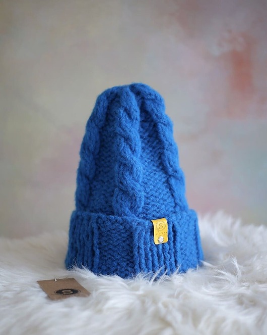 czapki damskie Wełniana czapka z warkoczami LULLABY 100 % alpaka niebieska