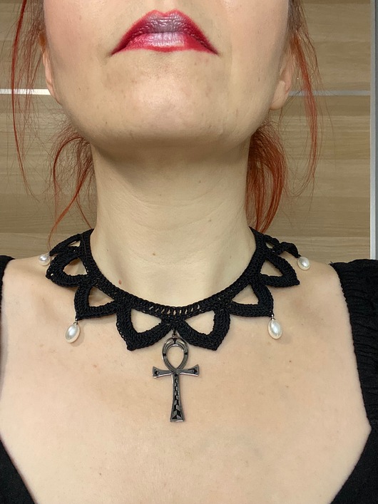 chokery Koronkowy choker czarny z ankh