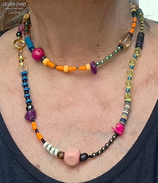 korale Długi bajecznie kolorowy naszyjnik Boho z drobnych koralików super prezent