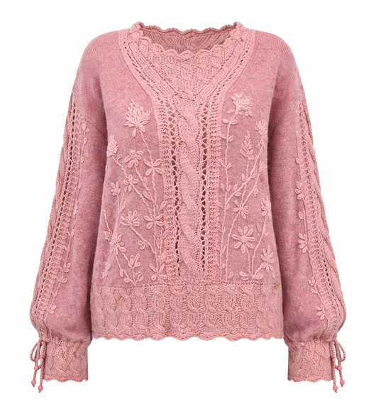 swetry damskie Sweter różowy z warkoczami i haftami, rozmiar XL/XXL