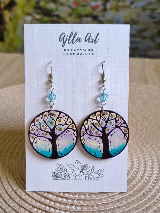 kolczyki drewniane Kolczyki koła malowane ręcznie Drzewo życia