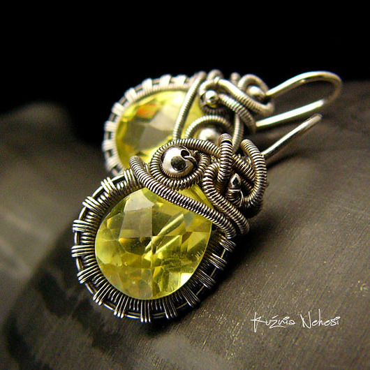 kolczyki wire wrapping Kolczyki Dragony - Słoneczny Kwarc Srebro