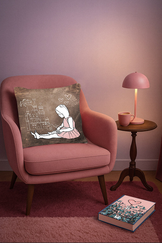 poduszki do pokoju dziecka PODUSZKA dekoracyjna w autorski wzór dziewczynka czytająca baśnie