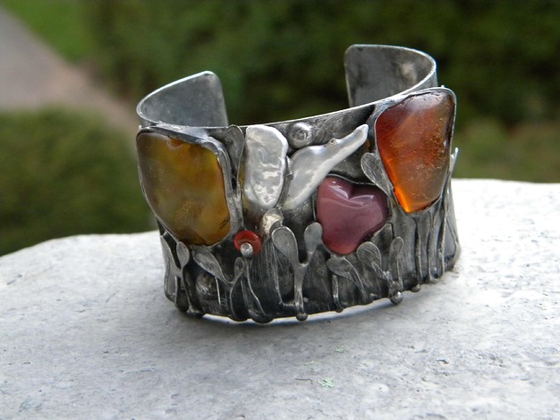 bransoletki wire wrapping Bursztyn w zaroślach -  bransoleta mankiet CUFF