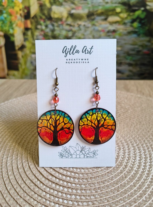 kolczyki drewniane Drzewo życia - Kolczyki malowane ręcznie