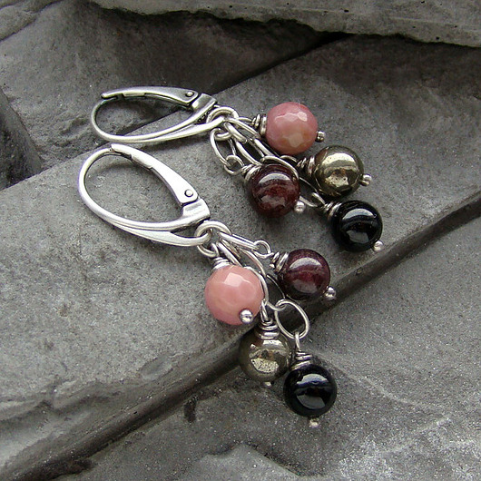 kolczyki z kamieniami Kolczyki Turmalin, rodonit, granat, piryt