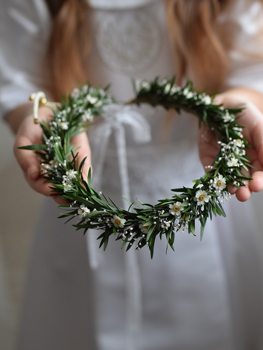 wianki komunijne Komunijny wianek na głowę z stabilizowanych i suszonych kwiatów