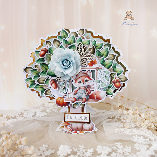 kartki scrapbooking Kartka urodzinowa dla dziecka, drzewko z liskiem GOTOWA