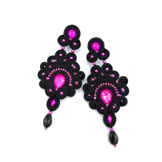 kolczyki soutache Rossa wieczorowe fuksjowo czarne  kolczyki sutasz z kryształkami
