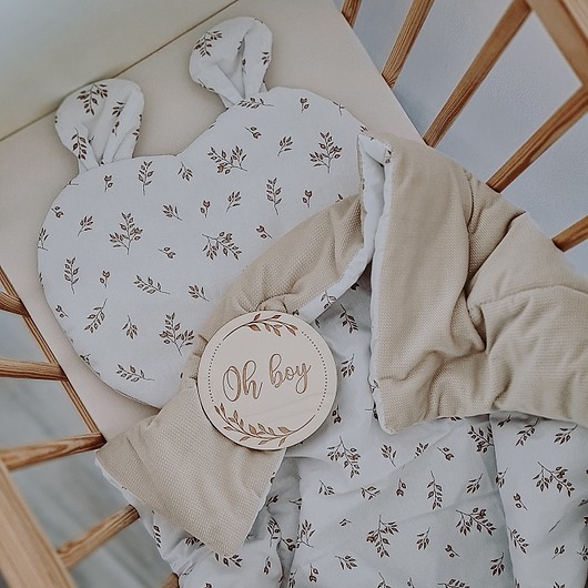 kocyki, kołderki, pościel  Zestaw poduszka miś + kocyk Listki i velvet beżowy 100