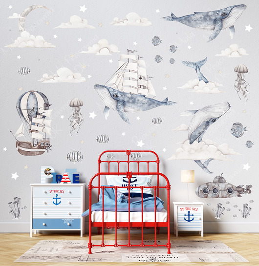naklejki ścienne do pokoju dziecka Wieloryby i statki 