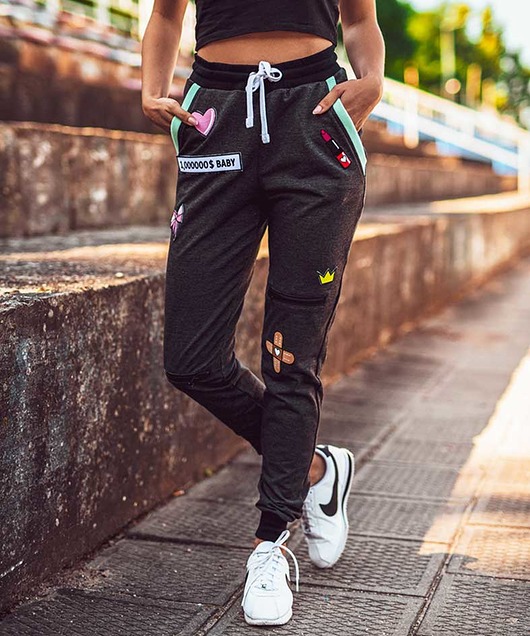spodnie dresowe damskie Spodnie z naszywkami i zamkami