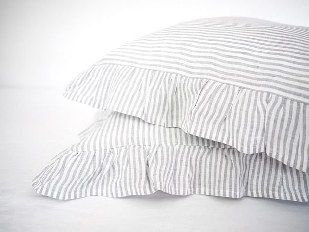 poduszki gładkie Lniana Poszewka Z Falbanką GRAY STRIPES