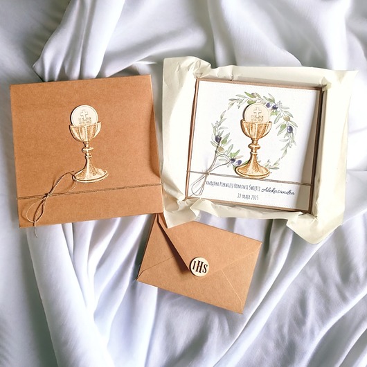 kartki na komunię Kartka, personalizacja, pudełko, koperta : oliwki : Hostia