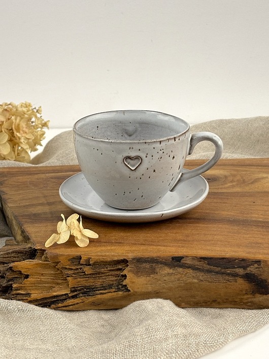 filiżanki Filiżanka ze spodkiem w stylu boho 180 ml - cappuccino z sercem