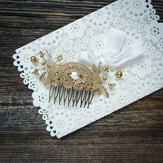 Ślubne ozdoby do włosów Złoty  grzebyk do włosów soutache