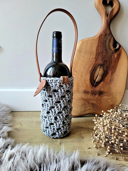 pokrowce i etui - różne Koszk na wino, naturalna dekoracja boho na butelkę, siatka na butelkę