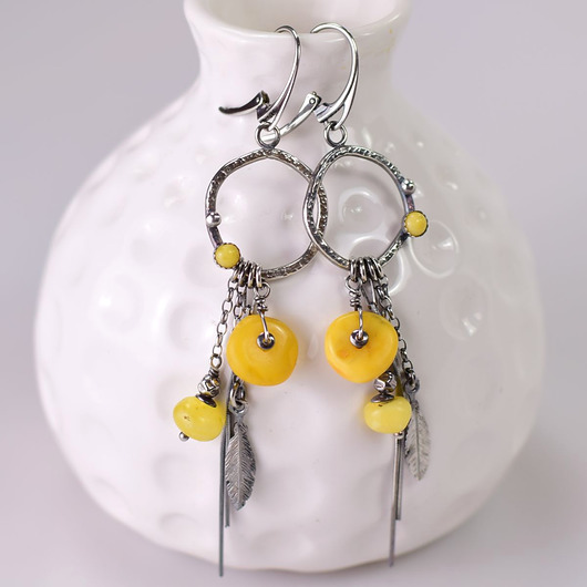 kolczyki wire wrapping Imperfect - srebrne kolczyki z bursztynem