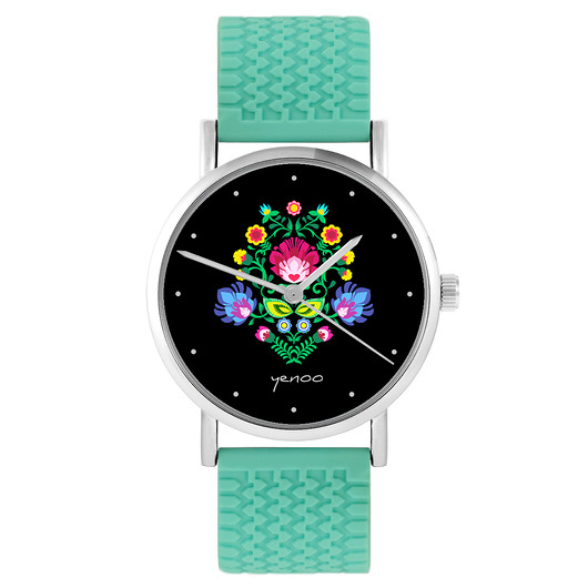 zegarki damskie Zegarek - Folkowy czarny - silikonowy, turkus