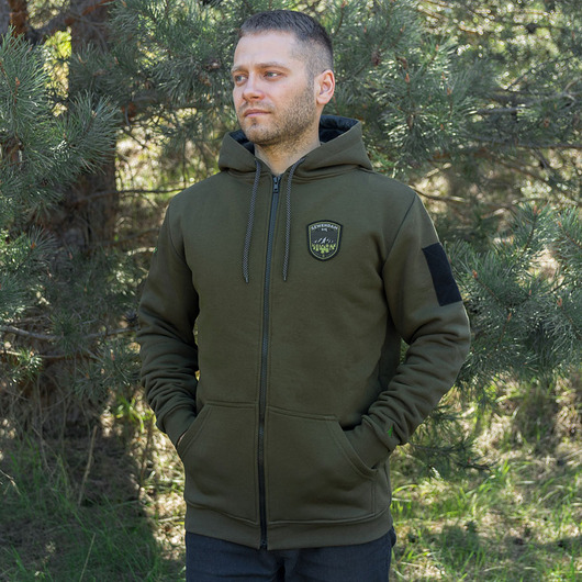 bluzy męskie Bluza męska z kapturem rozpinana ZAMGLONY LAS khaki
