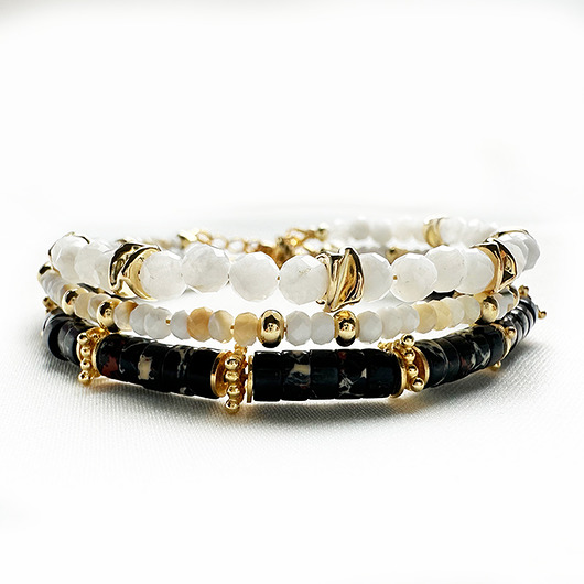 bransoletki z kamieni naturalnych Komplet Bransoletek czerń i biel- jaspis, perły