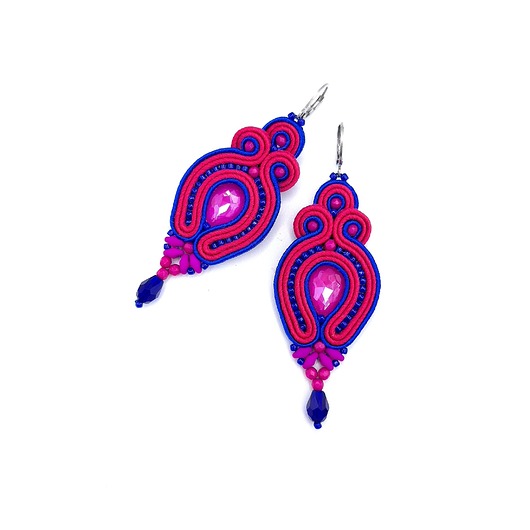 kolczyki soutache Kolczyki sutasz różowo chabrowe Verra wiszące lekkie z kryształkami