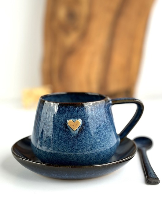 filiżanki Filiżanka beczułka ręcznie robiona z sercem 250 ml - Granatowa