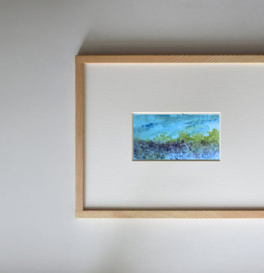obrazy Akwarela Pejzaż wrzosowisko oryginalny obraz niebieski papier 10,5x22 cm