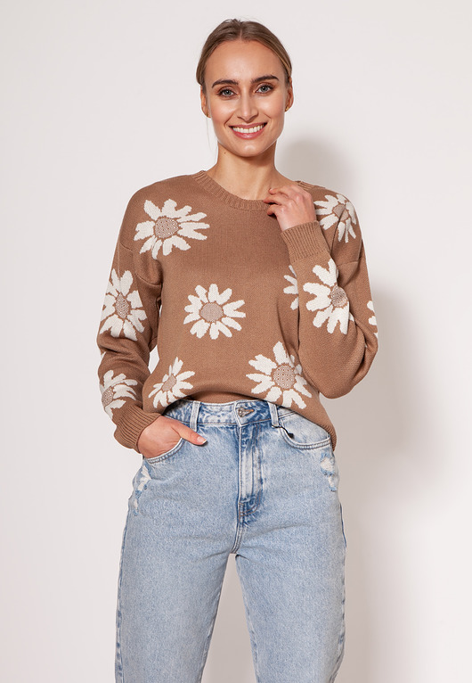 swetry damskie Sweter w kwiatki - SWE302 mocca MKM