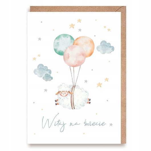kartki okolicznościowe - wydruki Kartka na narodziny dziecka z owieczką - "Witaj na świecie"