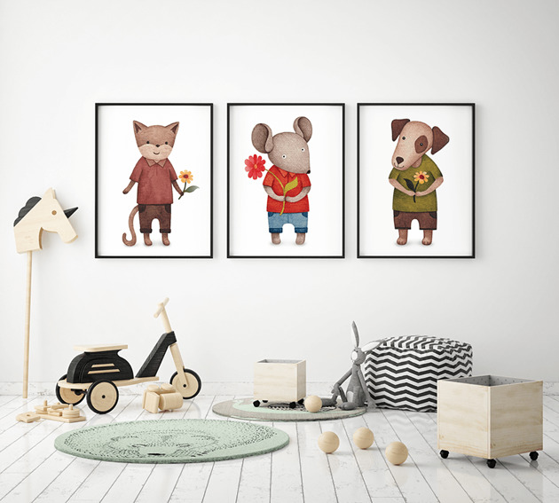 obrazy i plakaty do pokoju dziecięcego Plakaty Kot Pies Mysz Kolory Ziemi