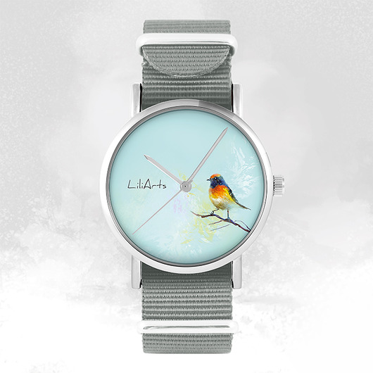 zegarki damskie Zegarek - Kolorowy ptaszek - szary, nylon