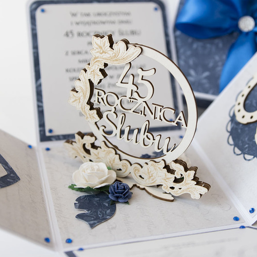 kartki scrapbooking 45 rocznica ślubu, szafirowe gody, exploding box, kartka 3d