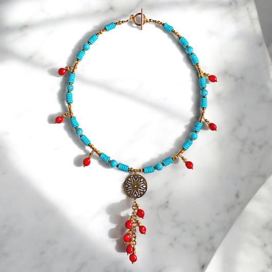 naszyjniki - inne UNIKATOWY naszyjnik : INDIA : turkus, czerwień złoto