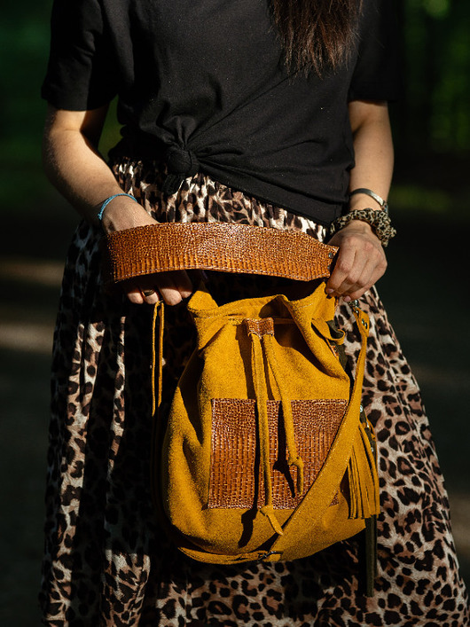 torby na ramię Torebka worek musztardowy zamsz