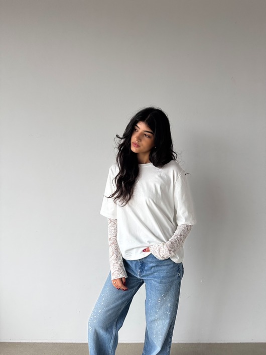 t-shirt damskie T-shirt  bawełniany z koronkowym rękawem CREAMLY