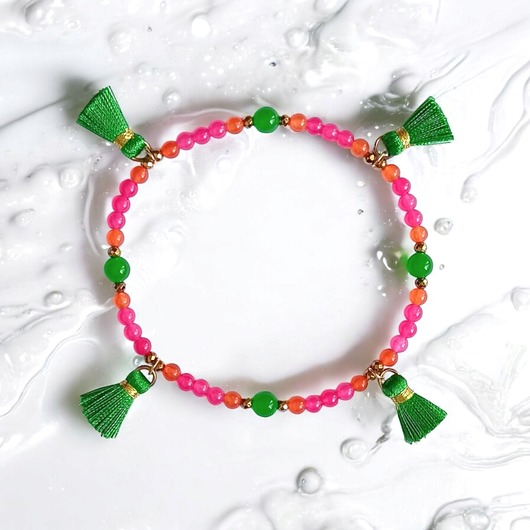 bransoletki z kamieni naturalnych NA NOGĘ : summer fruits : jadeit i chwosty : róż-pomarańcz-zieleń