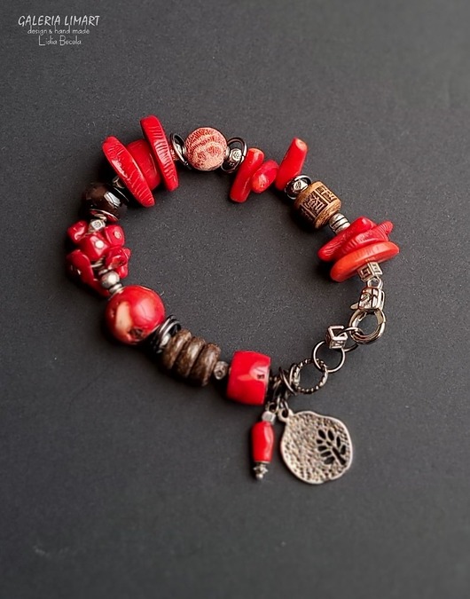 bransoletki z kamieni naturalnych Niezwykła bransoleta boho z koralem i mixem minerałów bis prezent  lux UNIKAT